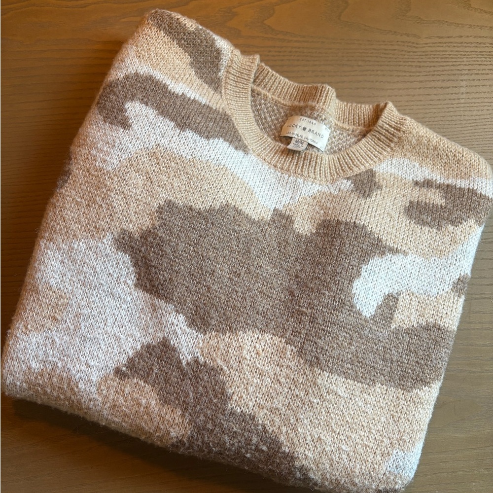 Lucky Brand Camouflage Crewneck Sweater in Beige, Brown, Cream